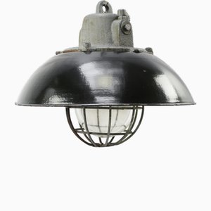Lámpara colgante industrial vintage de esmalte negro, hierro fundido y vidrio transparente