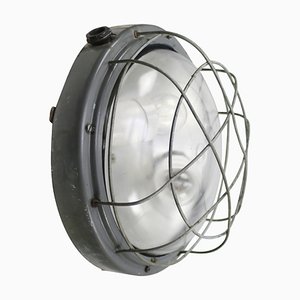 Runde Industrielle Vintage Wandlampe aus Metall & Klarglas in Grau