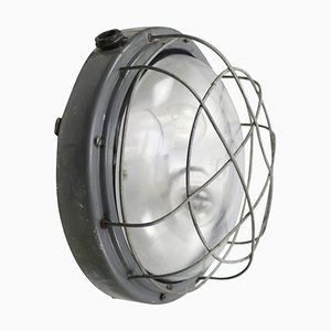 Vintage Industrial Round Gray Metal & Clear Glass Wall Lamp