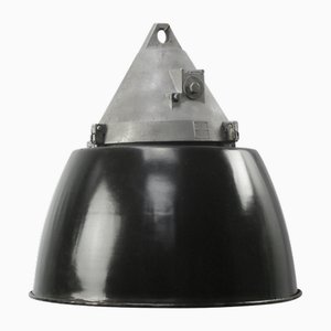 Lampada a sospensione industriale vintage in vetro trasparente e smaltato nero