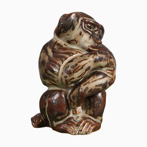 Glazed Stoneware Sitting Ape Figure by Knud Kyhn for Royal Copenhagen, 1950s