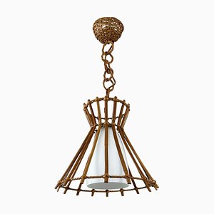 Rattan & Opaline Glass Pendant Light in the style of Louis Sognot, France, 1950s