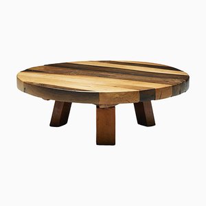 French Round Artisan Wooden Coffee Table, 1950s