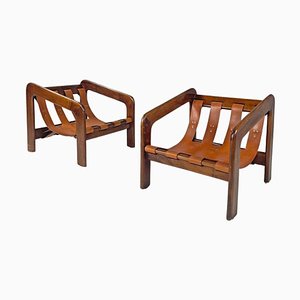 Mid-Century Modern Italian Wooden Brown Leather Armchairs with Buckles, 1960s, Set of 2