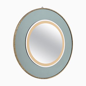 Italian Round Brass Mirror in Sage Green and Gold attributed to Cristal Art, 1970s