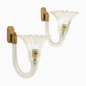 Mid-Century Murano Glass and Brass Sconces attributed to Barovier & Toso, Italy, 1950s, Set of 2