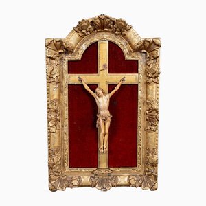 17th Century Hand-Carved Crucifix in Gilded Wood Frame Decorated with Flowers