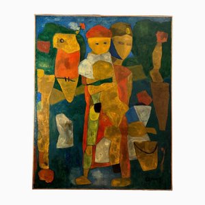 Jean Billecocq, Modern Composition with Characters, Oil on Canvas