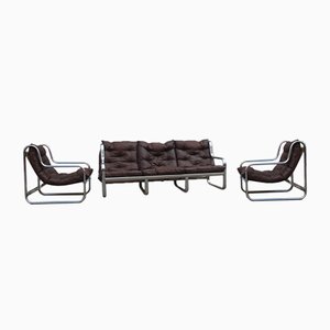 Sofa and Lounge Chairs in Leather and Curved Chromed Metal, 1970s, Set of 3