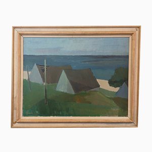 Coastal Retreat, Peinture à l'Huile, 1950s, Encadré