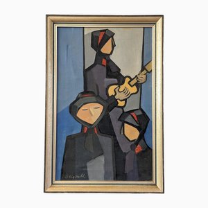 Tres músicos, pintura al óleo, años 50, enmarcado