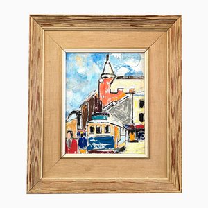 The Tram Mini Landscape, Oil Painting, 1950s, Framed