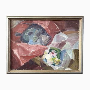 Poisson et Fleurs, Peinture à l'Huile, 1950s, Encadré