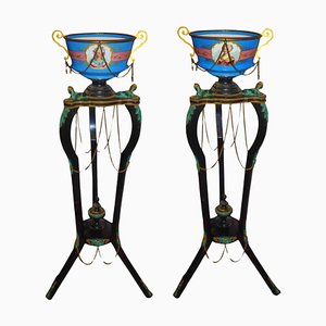 Empire Style Planters in Sevres Porcelain on Bronze Stands, France, 19th Century, Set of 2