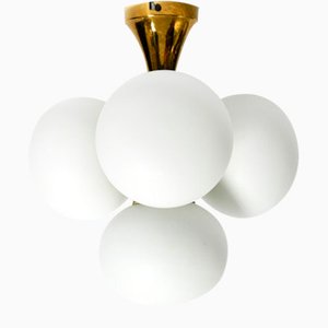 Space Age Brass Ceiling Lamp with 4 White Oval Glass Spheres from Kaiser Leuchten, 1960s