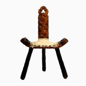 Mid-Century 3-Legged Stool with Backrest in Wood with Black-Brown Cowhide Seat, 1950s