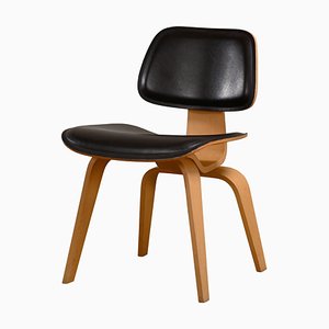 DCW Dining Chair in Ash with Dark Brown Leather Seat by Charles & Ray Eames for Vitra, 1990s