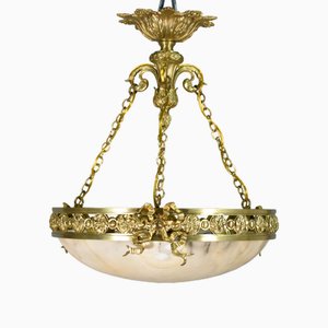 Lampadario antico Napoleone III dell'Impero francese in bronzo e alabastro