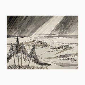 Heinrich Heuser, Filets de Pêche sur la Plage, 1950s, Encre et Aquarelle