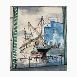 Heinrich Heuser, Boote im Hafen in Italien, 1956, Gouache & Aquarell