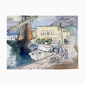 Heinrich Heuser, Étude inachevée d'une vue sur le port, Port d'Ischia, 1950, Aquarelle