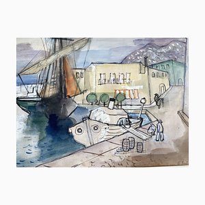 Heinrich Heuser, Studio incompiuto di una veduta del porto, Porto di Ischia, 1950, Acquarello