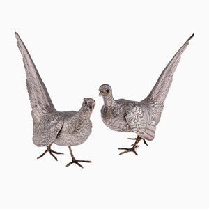 20th Century Silver Pheasant Statues, 1930s, Set of 2