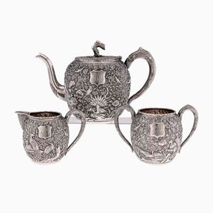 19th Century Chinese Silver Cherry Blossom Tea Set by Wang Hing, 1890s, Set of 3