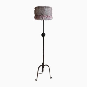 German Floor Lamp with Gray-Black Wrought Iron Frame and Handmade Fabric Flower Shade, 1930s