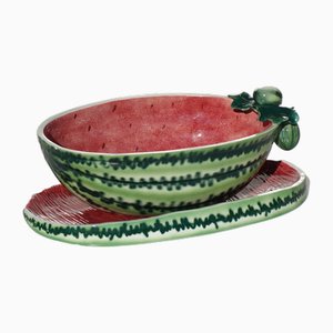 Watermelon Bowl with Ceramic Airbrush Plate, Italy, 1950s, Set of 2