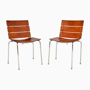 Vintage Italian Leather & Chrome Stripe Chairs by Giancarlo Vegni, 1970s, Set of 2