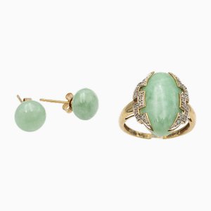 Gold Ring with Diamonds and Jade + Jade Earrings, 1960s, Set of 3