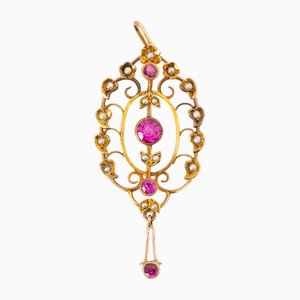 Art Nouveau Gold Pendant with Synthetic Rubies and Pearls, 1890s