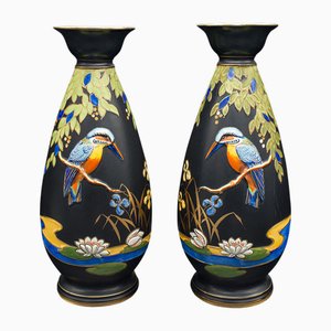 Vintage Art Deco English Kingfisher Display Vases in Satin Finish, 1930, Set of 2