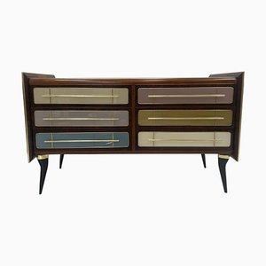 Italian Sideboard in Wood and Colored Glass,1950s