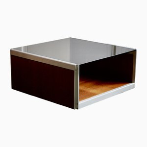 Mesa de centro de madera de aluminio y vidrio ahumado, 1970