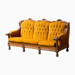 3-Sitzer Sofa aus Gelbem Samt & Holz, 1950er