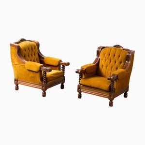 Yellow Velvet and Wood Lounge Chairs, 1950s, Set of 2