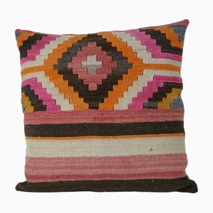 Housse de Coussin Carrée Kilim Rose Rayée Tissée à la Main