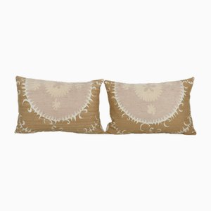 Mid-20th Century Uzbek Suzani Ethnic Lumbar Cushion Covers with Soft Pastel Cushion, Set of 2