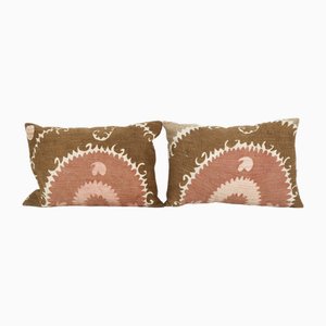 Faded Brown Samarkand Suzani Lumbar Cushion Covers, Set of 2