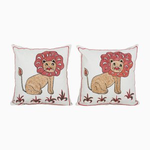 Housses de Coussin Suzani Tashkent Suzani Animal Orange, 19ème Siècle, Set de 2