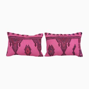 Pink Striped Cushon Coveres Fashioned Out of a Mid-20th Century Anatolian Kilim, Set of 2