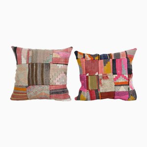 Vintage Turkish Handmade Large Patchwork Cushion Covers, Set of 2