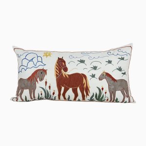 Uzbek Long Suzani Bed Cushion Cover with Animal Motif