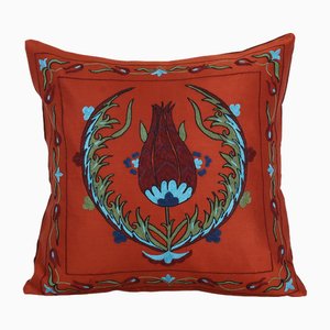 Pomegranate Red Floral Silk Suzani Cushion Cover