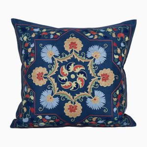 Vintage Navy Blue Silk Suzani Cushion Fashioned from Mid-20th Century Samarkand Suzani