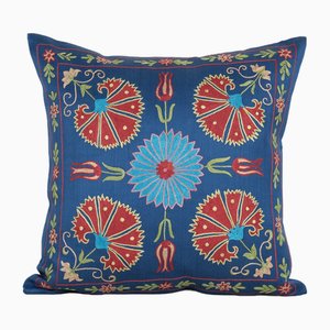 Vintage Embroidery Suzani Royal Blue Silk Cushion Fashioned from a Mid-20th Century Samarkand Suzani