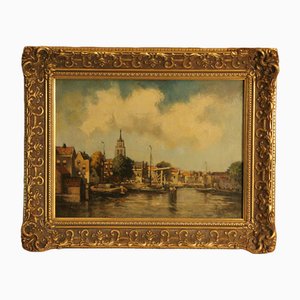 A. Horsmans, Vista de una ciudad holandesa, principios del siglo XX, óleo sobre lienzo, enmarcado