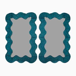 Large Wavy Turquoise Blue Textured Murano Glass Mirrors, Set of 2